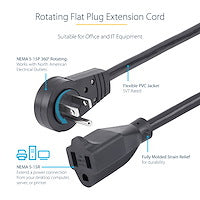StarTech 10ft Power Extension Cord - 360° Rotating Flat Plug - NEMA 5-15P to NEMA 5-15R