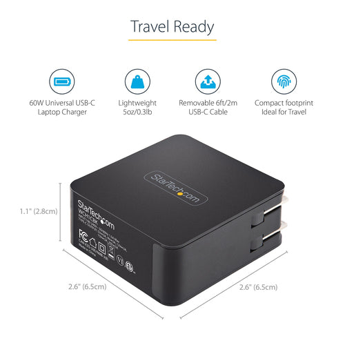 StarTech.com WCH1CBK USB C Wall Charger 60W PD - Universal Laptop Power Adapter