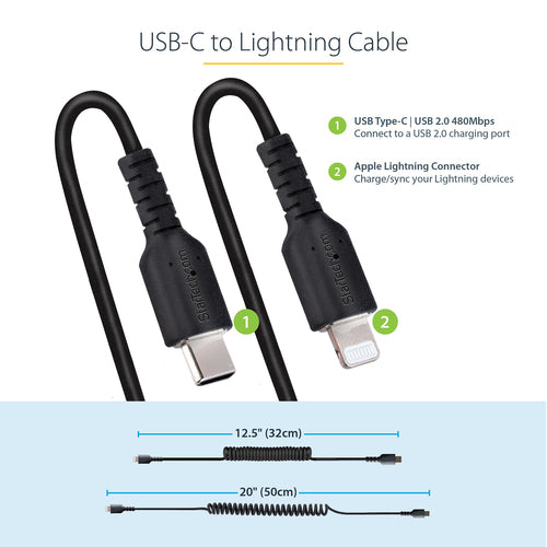 StarTech.com USB C to Lightning Cable 20in/50cm - MFi Certified, Heavy Duty, Black