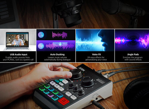 ATEN UC8000 MicLIVE 6-Kanal Audio Mixer | Podcast Mixer | 2.55 W Ausgangsleistung