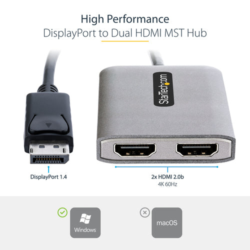 StarTech DP to Dual HDMI MST Hub - 4K 60Hz Video Adapter