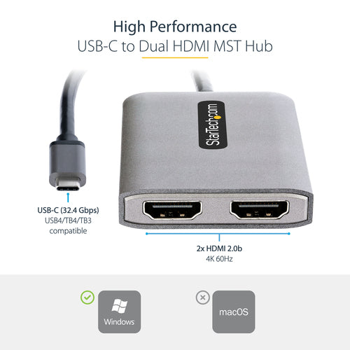 StarTech.com MST14CD122HD USB-C to Dual HDMI Adapter - 4K 60Hz Multi-Monitor Hub