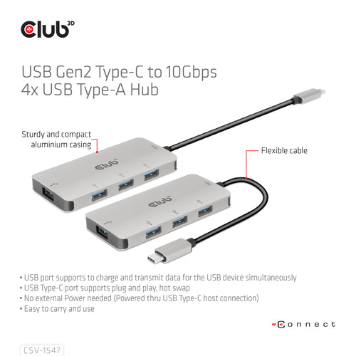 CLUB3D CSV-1547 4-Port USB-A Hub - 10Gbps Fast Transfer USB 3.2 Gen 2