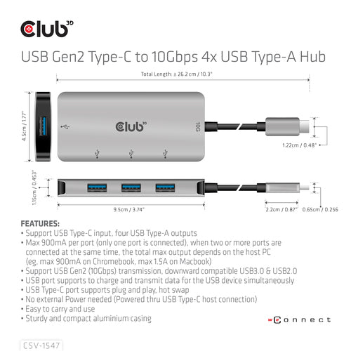 CLUB3D CSV-1547 4-Port USB-A Hub - 10Gbps Fast Transfer USB 3.2 Gen 2