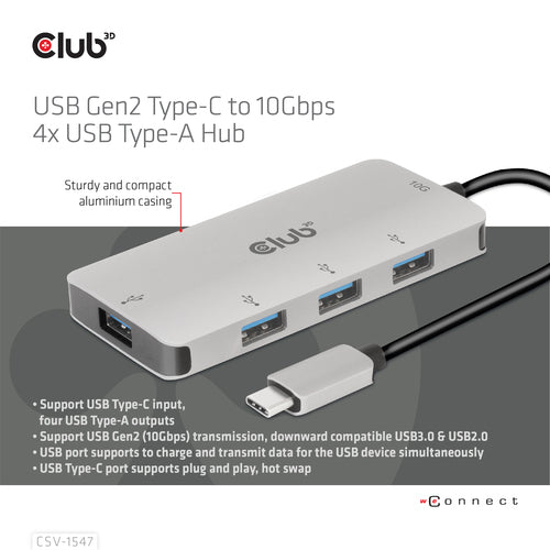 CLUB3D CSV-1547 4-Port USB-A Hub - 10Gbps Fast Transfer USB 3.2 Gen 2