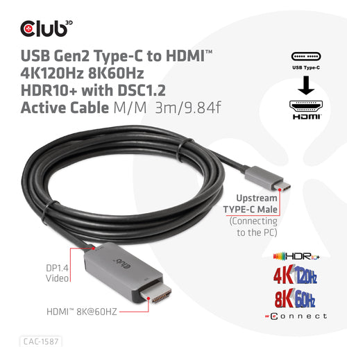 CLUB3D CAC-1587 USB Typ-C auf HDMI Kabel 4K120Hz 8K60Hz Schwarz