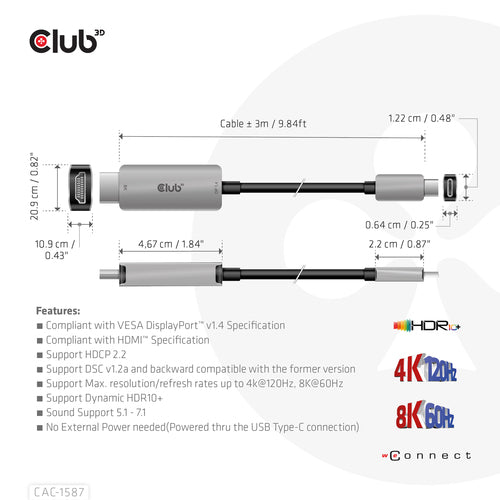 CLUB3D CAC-1587 USB Typ-C auf HDMI Kabel 4K120Hz 8K60Hz Schwarz
