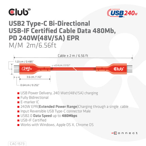 CLUB3D CAC-1573 USB-C Bi-Directional Cable - 2m, 240W Power Delivery, Red