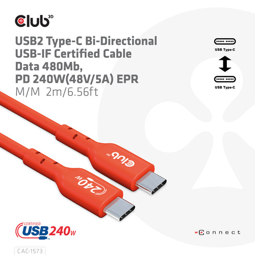 CLUB3D CAC-1573 USB-C Bi-Directional Cable - 2m, 240W Power Delivery, Red