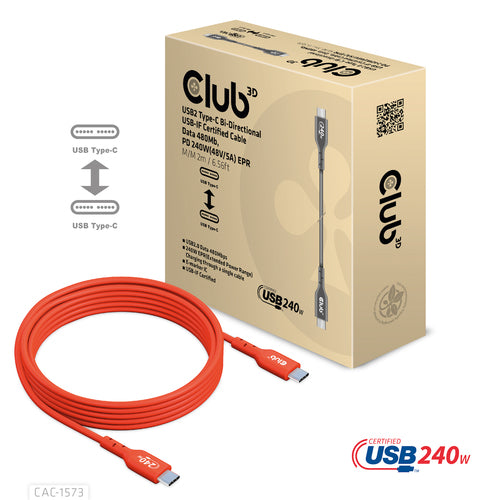 CLUB3D CAC-1573 USB-C Bi-Directional Cable - 2m, 240W Power Delivery, Red