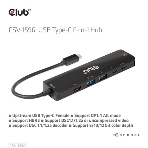 CLUB3D CSV-1596 6-in-1 USB Type-C Hub - HDMI 8K Support - Black