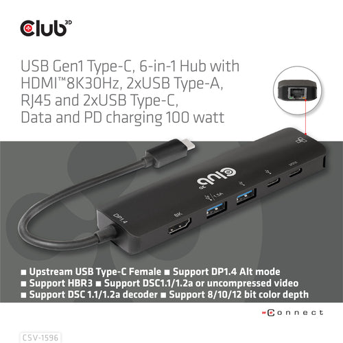 CLUB3D 6-in-1 USB Type-C Hub - HDMI 8K Adapter - Black | Expand Connectivity