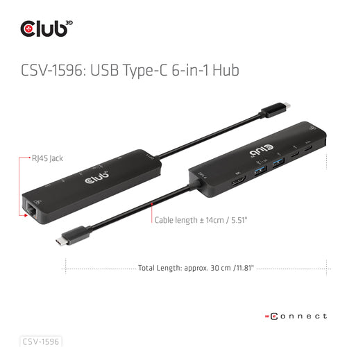CLUB3D CSV-1596 6-in-1 USB Type-C Hub - HDMI 8K Support - Black