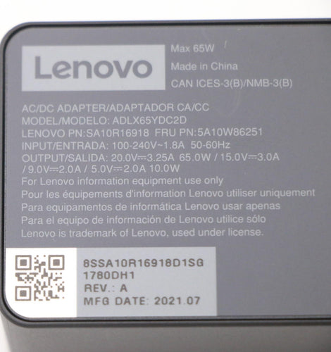 Lenovo 5A10W86251 65W Laptop Power Adapter - Indoor Use - 100-240V