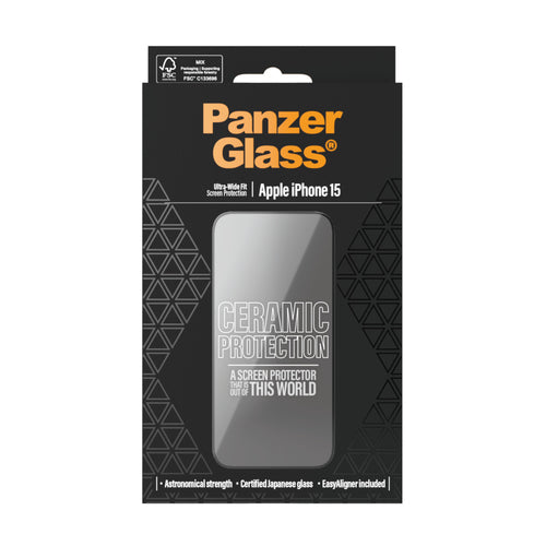 PanzerGlass ® Ceramic Protection for iPhone 15 | Ultra-Wide Fit w. EasyAligner