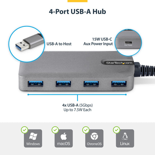 4-Port USB-A Hub 5Gbps Bus-Powered mit USB-C Eingang Grau