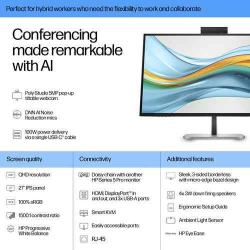 HP Series 5 Pro 27 inch QHD USB-C Conferencing Monitor - 527pm computer monitor