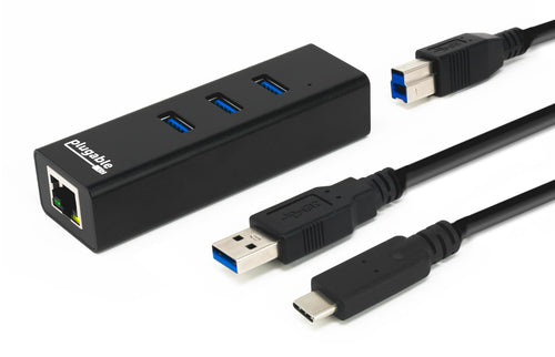 USB 3.0 Hub with Gigabit Ethernet - Plugable Technologies, 3 Ports, USB-C Included, Black