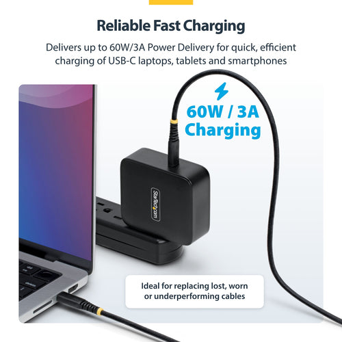 StarTech USB-C-Ladekabel 1,8 m, 60 W Power Delivery – Langlebiges Nylongeflochtenes Laptop-Ladegerät