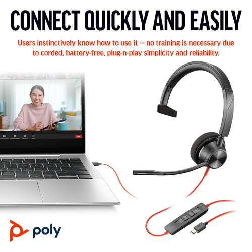 Kabelgebundenes USB-C Headset HP Poly Blackwire 3310 Monaural Leichtgewichtig 103g