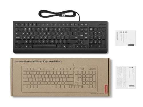 Kabelgebundene USB-Tastatur in voller Größe Lenovo mit Plunger-Tasten, Schwarz