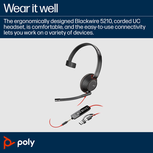 Kabelgebundenes USB-C Headset HP Poly Blackwire 5210 Monaural 3,5mm Stecker