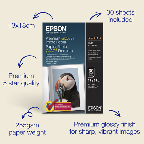 Epson Premium Glossy Photo Paper - 13x18cm - 30 Sheets