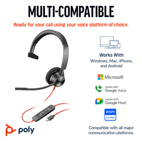 Poly Blackwire 3310 Monaural Microsoft Teams Certified USB-C Headset +USB-C/A Adapter