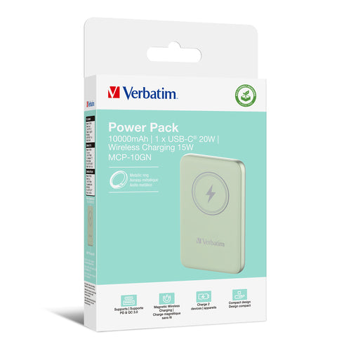Verbatim Charge 'n' Go Magnetische kabellose Powerbank 10000mAh – Grün, Quick Charge 3.0