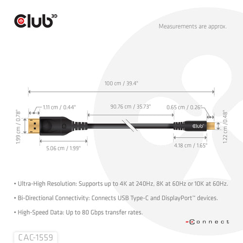 CLUB3D USB TYPE-C TO DISPLAYPORT DP80 BIDIRECTIONAL VESA CERTIFIED CABLE 1M/3.28 FT - Kabel - Digital/Daten USB cable