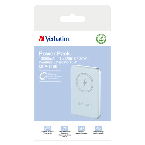 Verbatim Charge 'n' Go Magnetic Wireless Power Bank 10000mAh - Quick Charge 3.0 - Blue