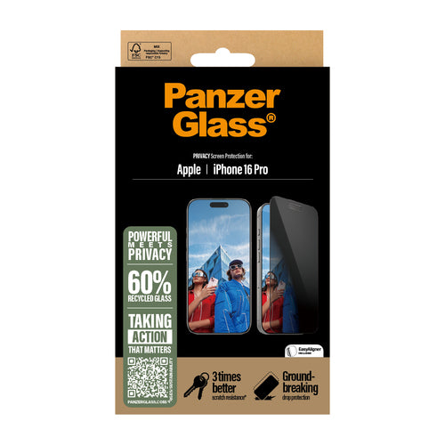 PanzerGlass ® Privacy Screen Protector iPhone 16 Pro | Ultra-Wide Fit w. EasyAligner