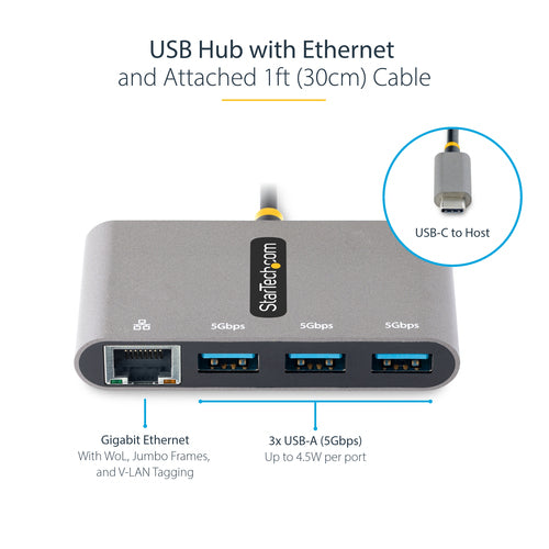 StarTech.com HB30C3A1GEA2 USB-C Hub with Gigabit Ethernet - Portable 3-Port Dock