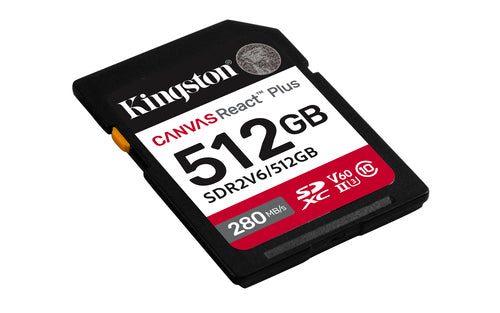 512GB Kingston Technology Canvas React Plus SDXC UHS-II 280MB/s 150MB/s Class 10 V60 for Full HD/4K
