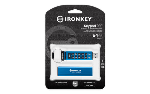 USB-Stick 64GB Kingston IronKey Keypad 200 FIPS 140-3 AES-256-Verschlüsselung
