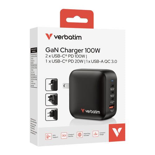 100W Verbatim Mini GaN Ladegerät 4-Port AC Schwarz mit EU- & UK-Adaptern