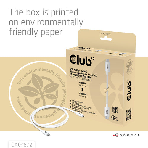 CLUB3D CAC-1572 USB-C 80Gbps Kabel - 240W Power Delivery - 8K240Hz - Weiß