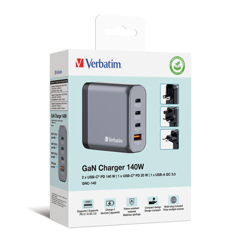 Verbatim GNC-140 GaN Charger 140W - Fast Charging USB-C & USB-A - Black/Grey