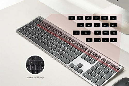 Kabellose Bluetooth-Tastatur mit Scherenmechanismus – Macally QWERTY in Schwarz & Grau mit Maus