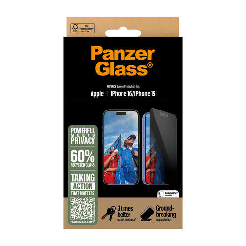 PanzerGlass ® Privacy Screen Protector iPhone 16 | 15 | Ultra-Wide Fit w. EasyAligner