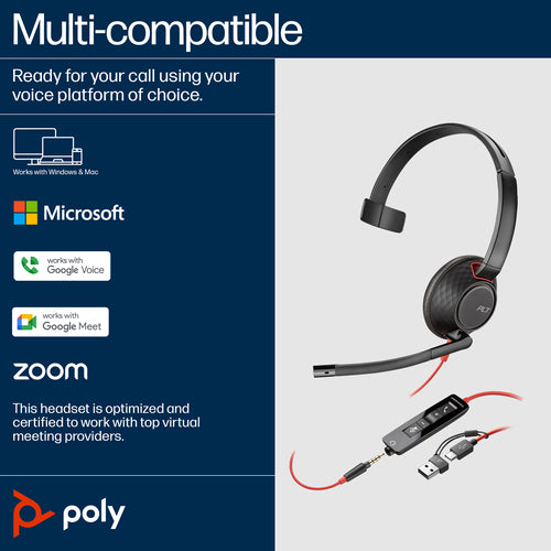 Poly Blackwire 5210 Monaural USB-C Headset +3.5mm Plug +USB-C/A Adapter