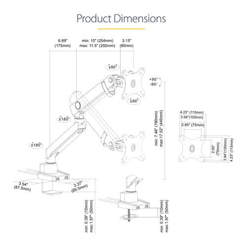 Desk Mount Monitor Arm StarTech Slim Full Motion USB 3.0 Ports 34 Inch