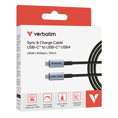Verbatim USB-C auf USB-C Kabel 1,2 m - 240 W Power Delivery, 40 Gbit/s Übertragungsrate - Schwarz