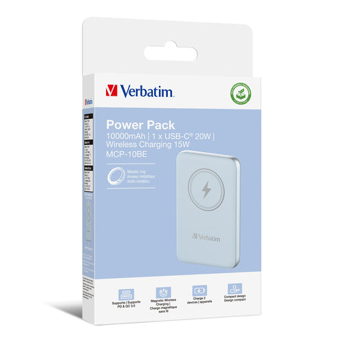 Verbatim Charge 'n' Go Magnetic Wireless Power Bank 10000mAh - Quick Charge 3.0 - Blue
